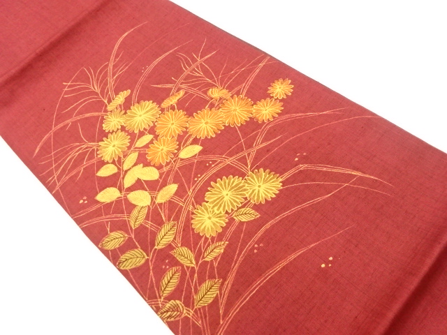 手織り紬手描き菊模様洒落袋帯